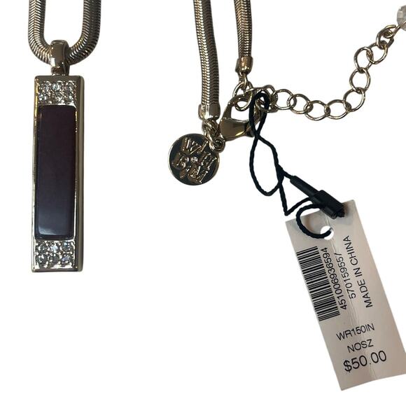 White House Black Market  Silver, Burgundy & Rhinestone Bar Pendant Necklace NWT - Picture 4 of 5